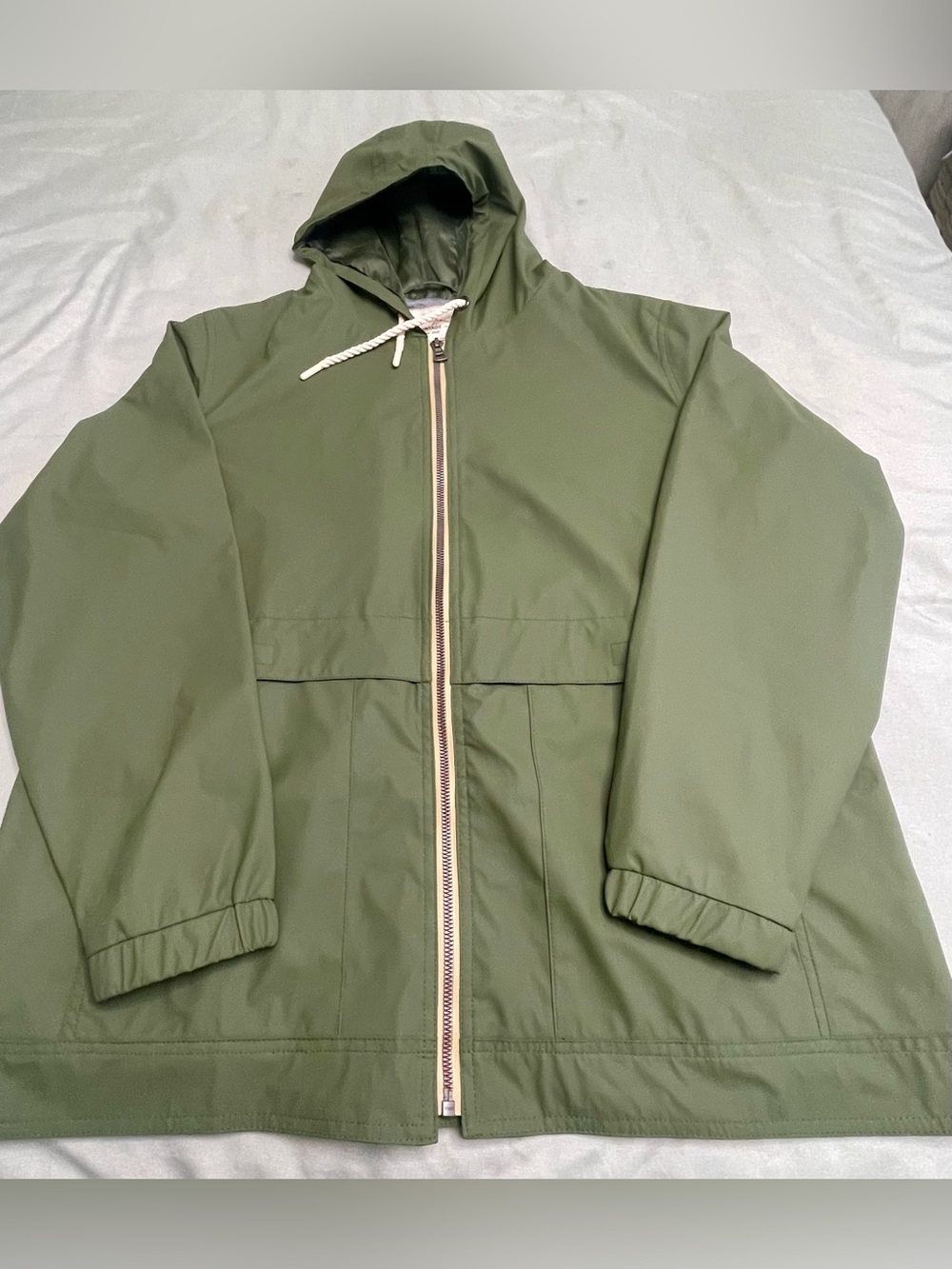 Weatherproof Olive Green Hooded Raincoat with Contrast Zipper